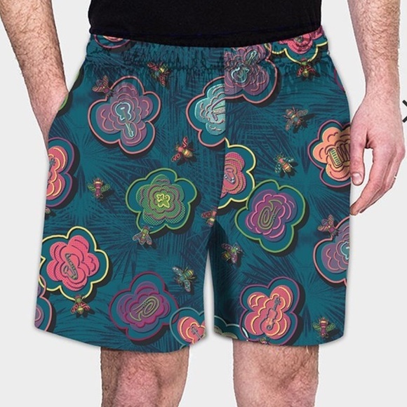 Bayouwear Men's Floral Elastic Waist Hawaiian Vacation Shorts -Beebop Buzz Teal - Picture 1 of 6